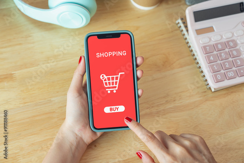 Woman hand holding smartphone and using shopping online application.