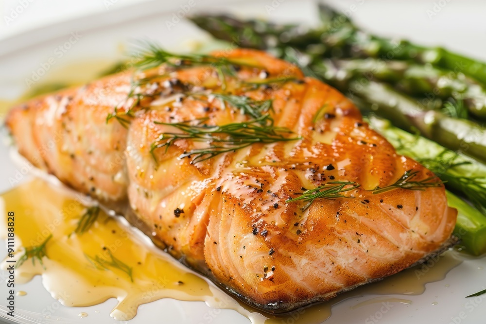 A serving of baked salmon fillet, topped with a honey mustard glaze and garnished with dill, served with a side of asparagus A serving of baked salmon fillet, topped with a honey mustard glaze and garnished with dill, served with a side of asparagus