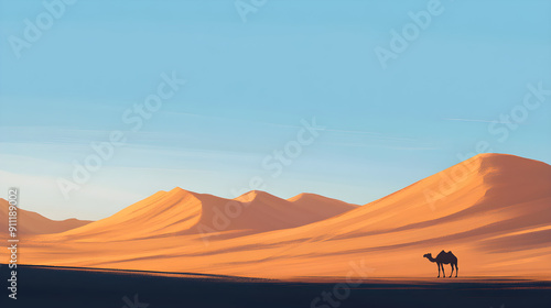 A solitary camel stands against the vast, warm landscape of rolling desert dunes under a clear blue sky