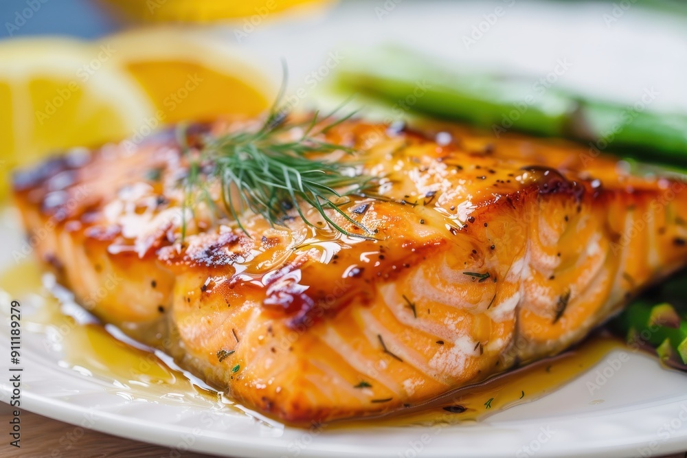 A serving of baked salmon fillet, topped with a honey mustard glaze and garnished with dill, served with a side of asparagus A serving of baked salmon fillet, topped with a honey mustard glaze and garnished with dill, served with a side of asparagus