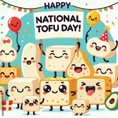 group of happy tofu smiling and enjoying National Tofu Day together