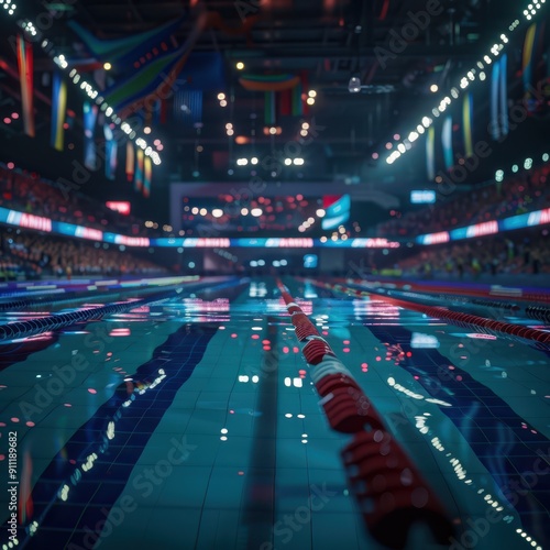 a swimming pool with flags and lights photo