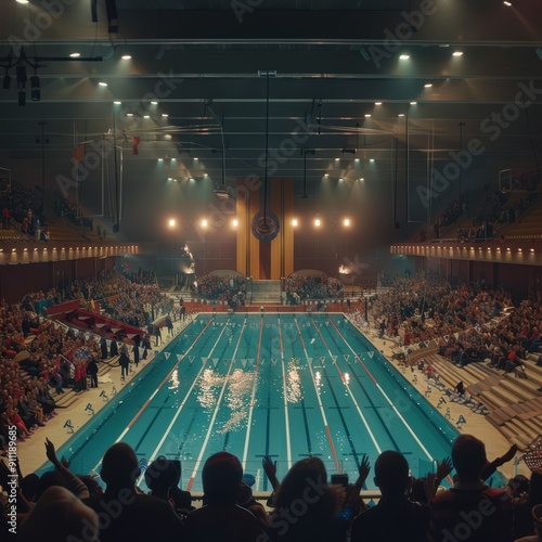 a large swimming pool with people in the stands photo