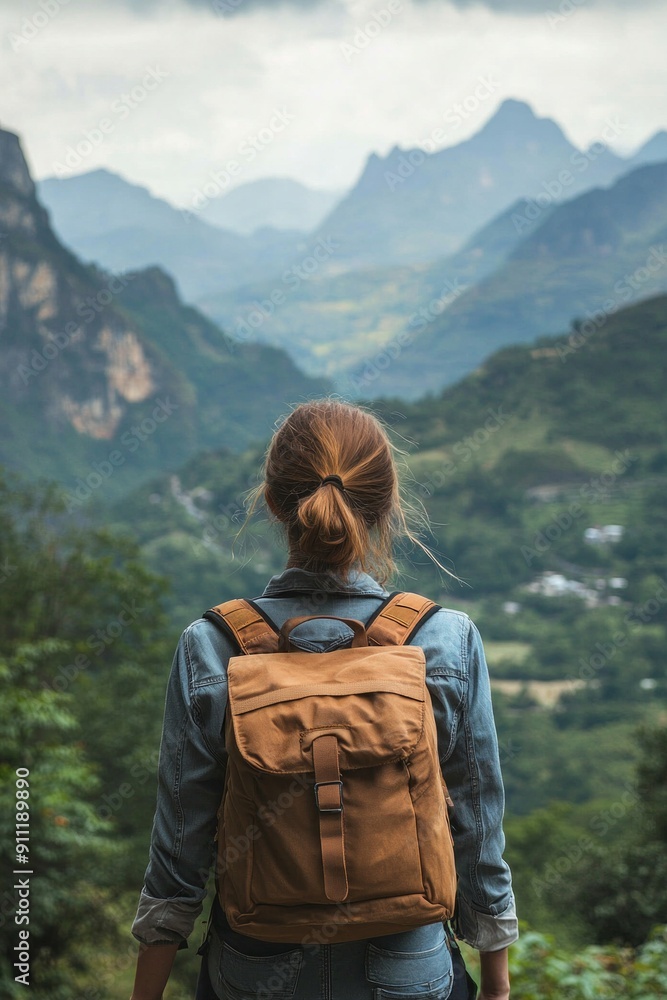 A rear view of a female traveller with a backpack facing beautiful mountains. A rear view of a female traveller with a backpack facing beautiful mountains.
