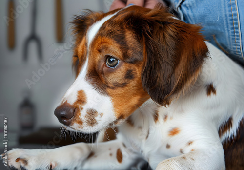 chiot épagneul breton inquiet lors de la vaccination du véto photo