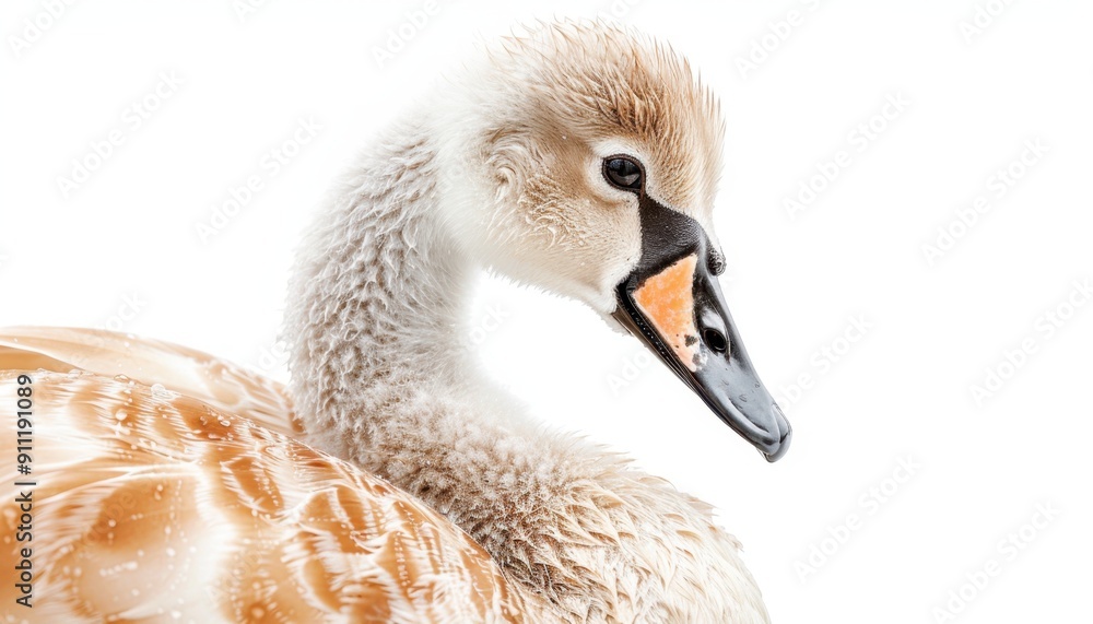 Young Swan With Soft Feathers Posing Gracefully Against a White Background Young Swan With Soft Feathers Posing Gracefully Against a White Background