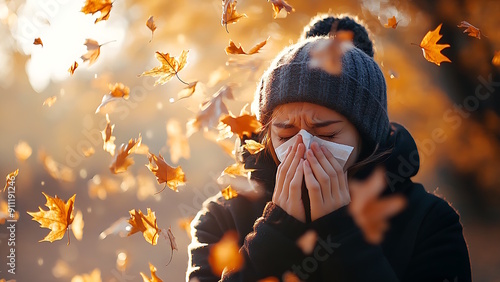 Teenage girl blowing her nose outdoors in autumn.