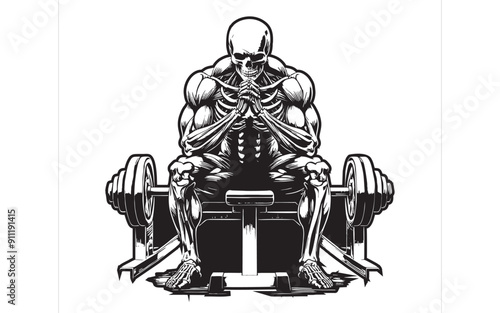 Skull of Body Builder Posing Sitting at Banch Tattoo Style Gym Logo Vector for T-shirts and Wall Decar Workout Athletic Gym Muscle Logo Fitness Beast Barbell Bodybuilding Healthy Wall Sticker Decore 