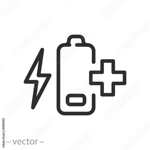 add battery charge icon, extra battery capacity, charging process, linear vector illustration