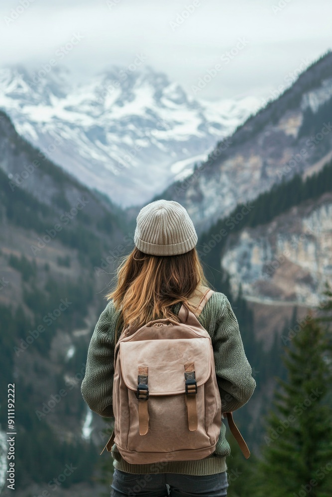A rear view of a female traveller with a backpack facing beautiful mountains. A rear view of a female traveller with a backpack facing beautiful mountains.