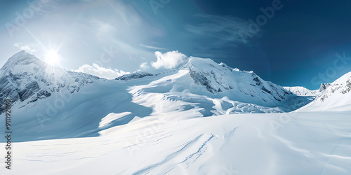 Snowy mountain peaks under a bright blue sky, winter wonderland, serene and peaceful. 
