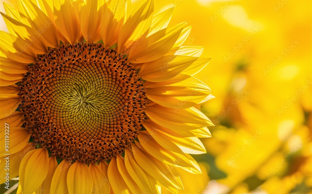 Close-up detailed view of a sunflower with a blurred yellow background. Close-up detailed view of a sunflower with a blurred yellow background.