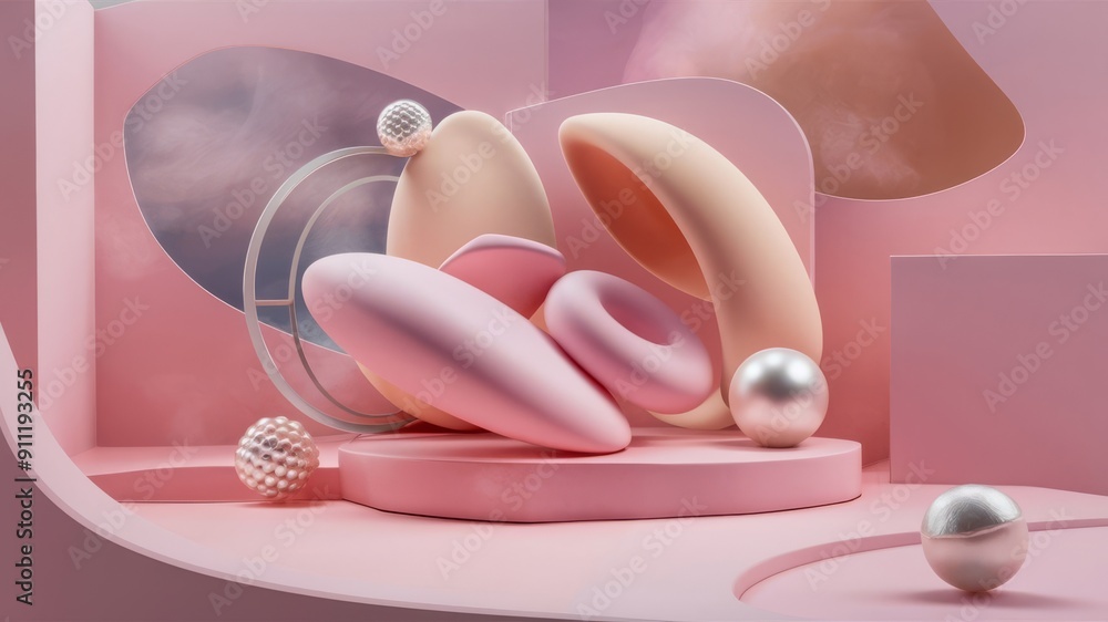 3D rendering of an abstract background consisting of various elements of flowing shapes in pink tones with pearls.
3D rendering of an abstract background consisting of various elements of flowing shapes in pink tones with pearls.