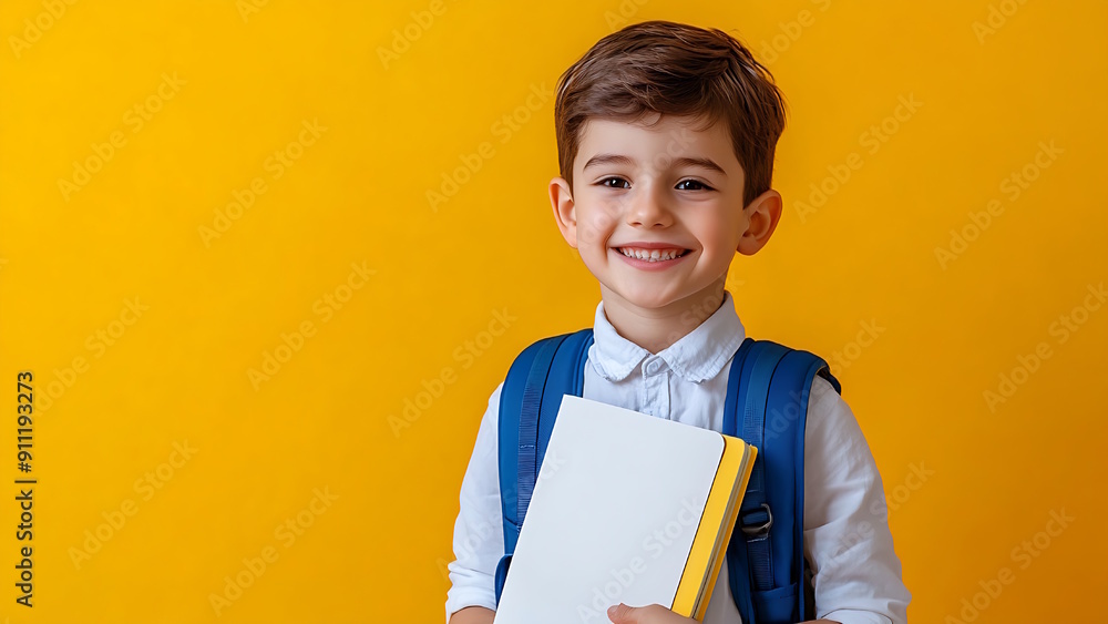 Obraz premium boy holding books and bag on bright yellow background.