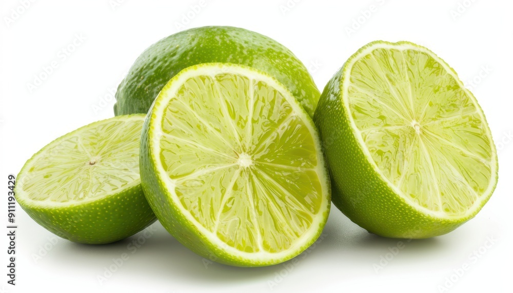 Freshly Cut Limes Displayed On A White Background Ready For Juicing Or Garnishing Dishes Freshly Cut Limes Displayed On A White Background Ready For Juicing Or Garnishing Dishes