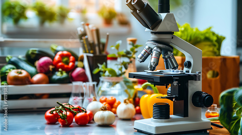 A white microscope and vibrant red and green vegetables represent healthy food science research. 
