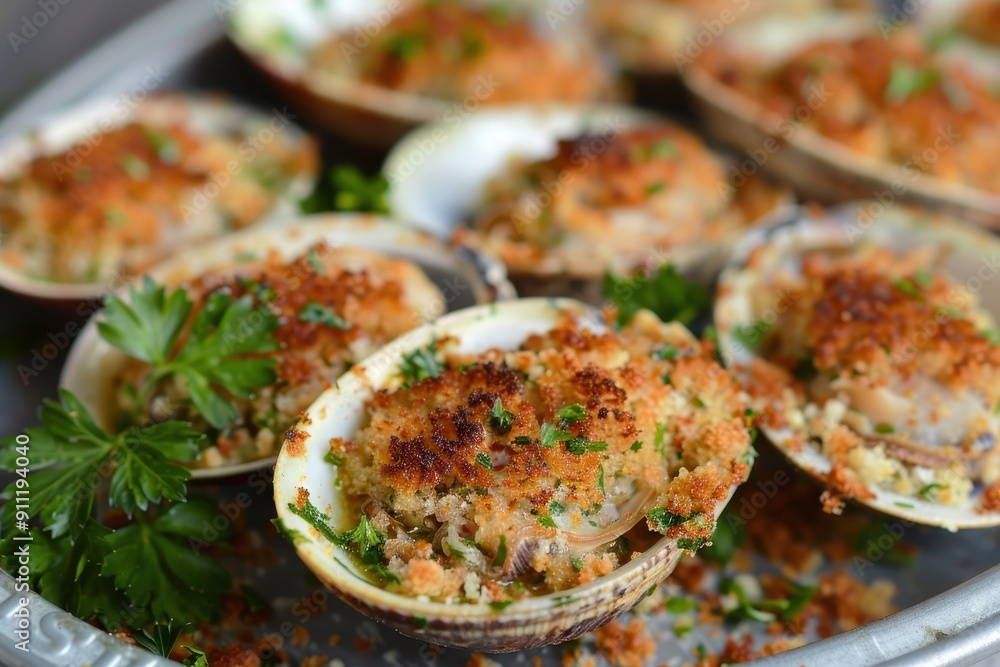 A serving of baked stuffed clams, topped with a crispy breadcrumb mixture and garnished with parsley. A serving of baked stuffed clams, topped with a crispy breadcrumb mixture and garnished with parsley.