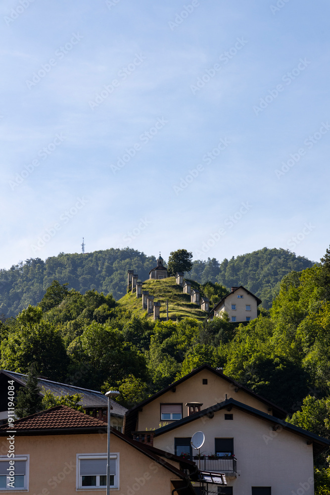 Obraz premium Idrija, a city famous for the second largest mercury mine in the world. Famous place for textile arts of embroidery. City museum, old town and Antonijev Rov mine museum. Rich history of Slovenia.