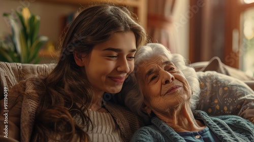 Granddaughter smiling with elderly grandmother in cozy home setting