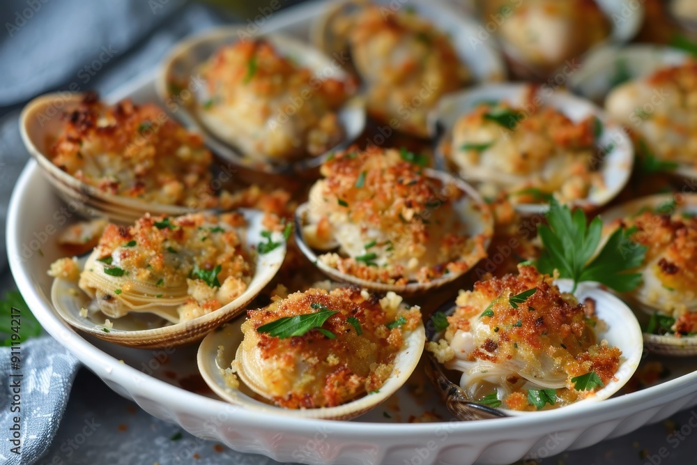 A serving of baked stuffed clams, topped with a crispy breadcrumb mixture and garnished with parsley. A serving of baked stuffed clams, topped with a crispy breadcrumb mixture and garnished with parsley.