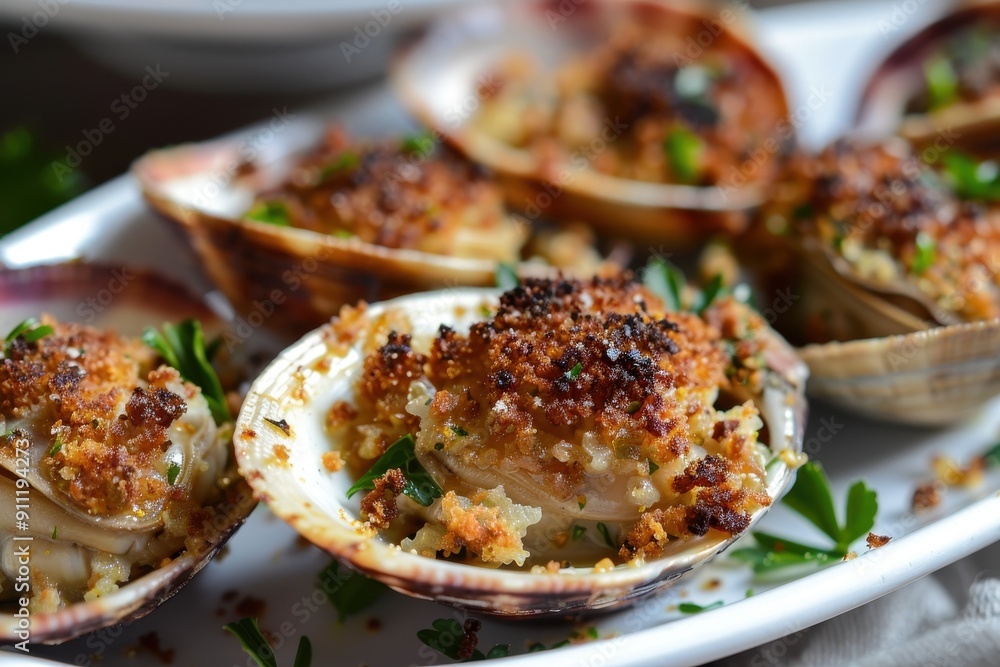 A serving of baked stuffed clams, topped with a crispy breadcrumb mixture and garnished with parsley. A serving of baked stuffed clams, topped with a crispy breadcrumb mixture and garnished with parsley.