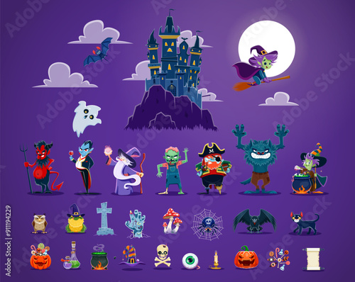 Halloween characters, cute cartoon monsters and spooky castle. Vector scary witch, ghosts, pumpkin, mummy and dracula vampire, Halloween horror zombie, devil, wizard, pirate and werewolf personages