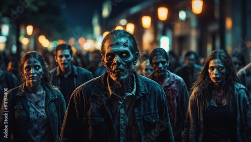 Zombie crowd walking at night, halloween concept,illustration painting