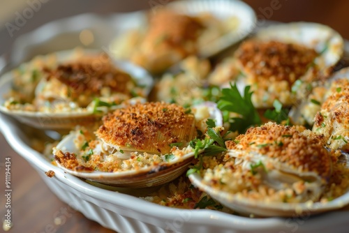 A serving of baked stuffed clams, topped with a crispy breadcrumb mixture and garnished with parsley.