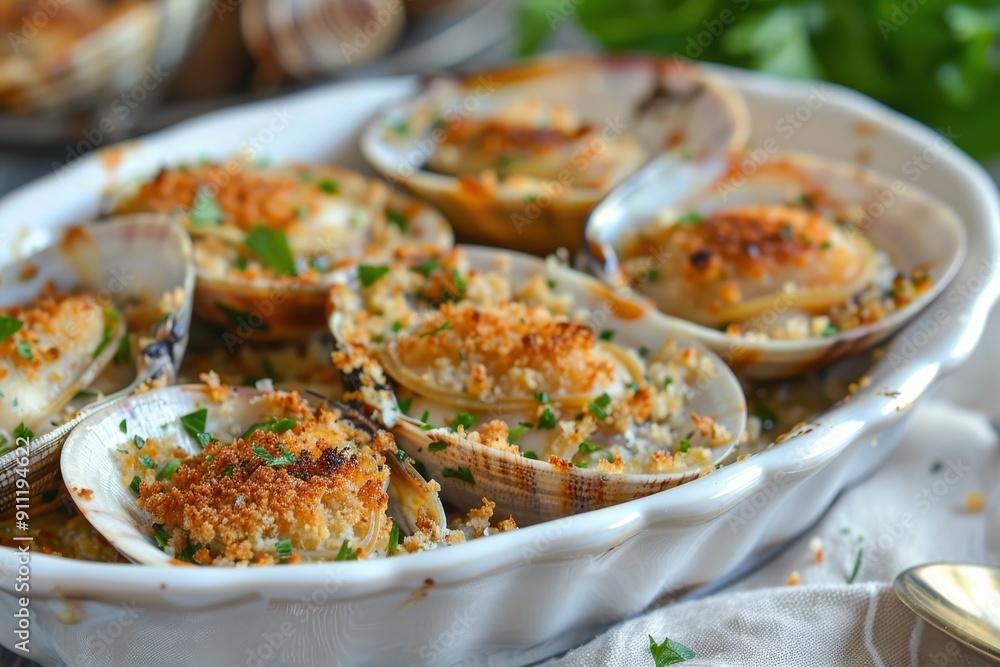 A serving of baked stuffed clams, topped with a crispy breadcrumb mixture and garnished with parsley. A serving of baked stuffed clams, topped with a crispy breadcrumb mixture and garnished with parsley.