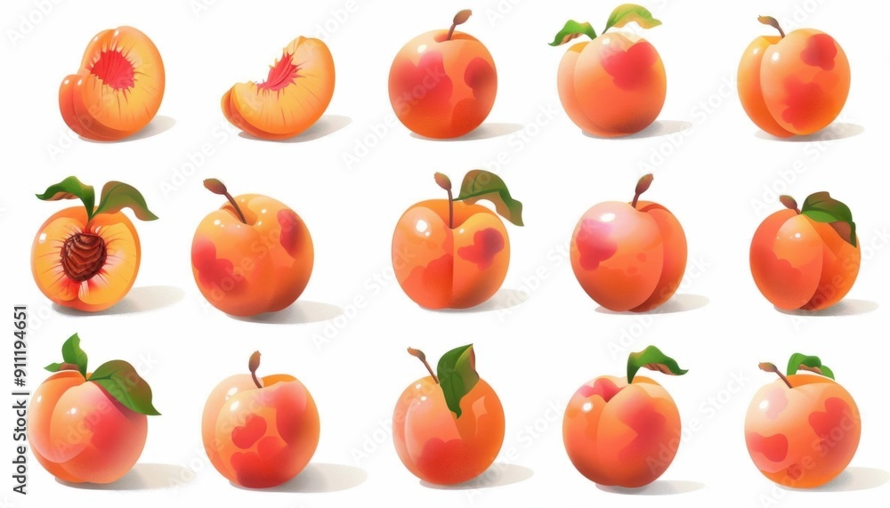 Illustrations of Various Peach Varieties Displayed on a White Background With Leaf Details Illustrations of Various Peach Varieties Displayed on a White Background With Leaf Details