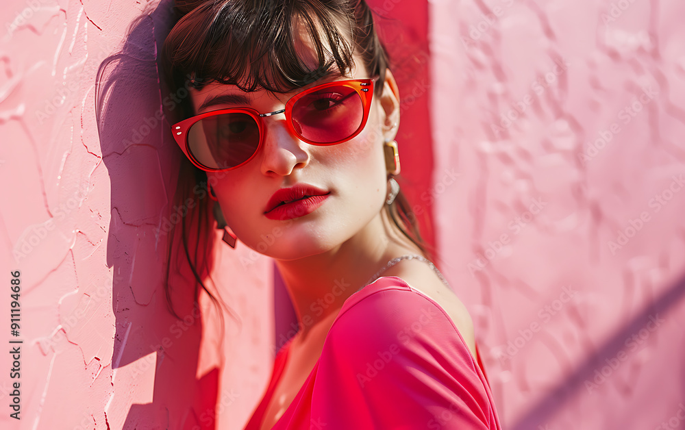 A stylish woman wearing red sunglasses against a pink wall evokes a summery and confident mood.
A stylish woman wearing red sunglasses against a pink wall evokes a summery and confident mood.
