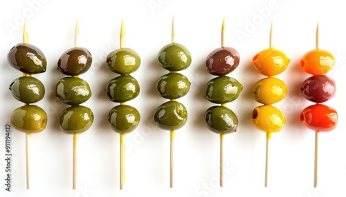 Colorful Skewers of Marinated Olives Displayed on a White Background