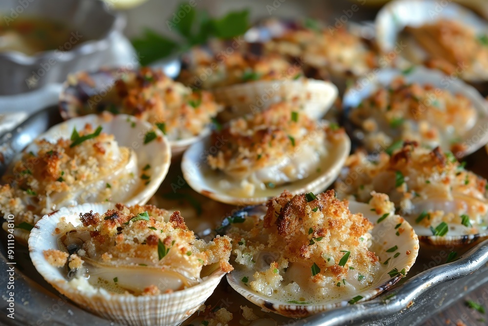 A serving of baked stuffed clams, topped with a crispy breadcrumb mixture and garnished with parsley. A serving of baked stuffed clams, topped with a crispy breadcrumb mixture and garnished with parsley.