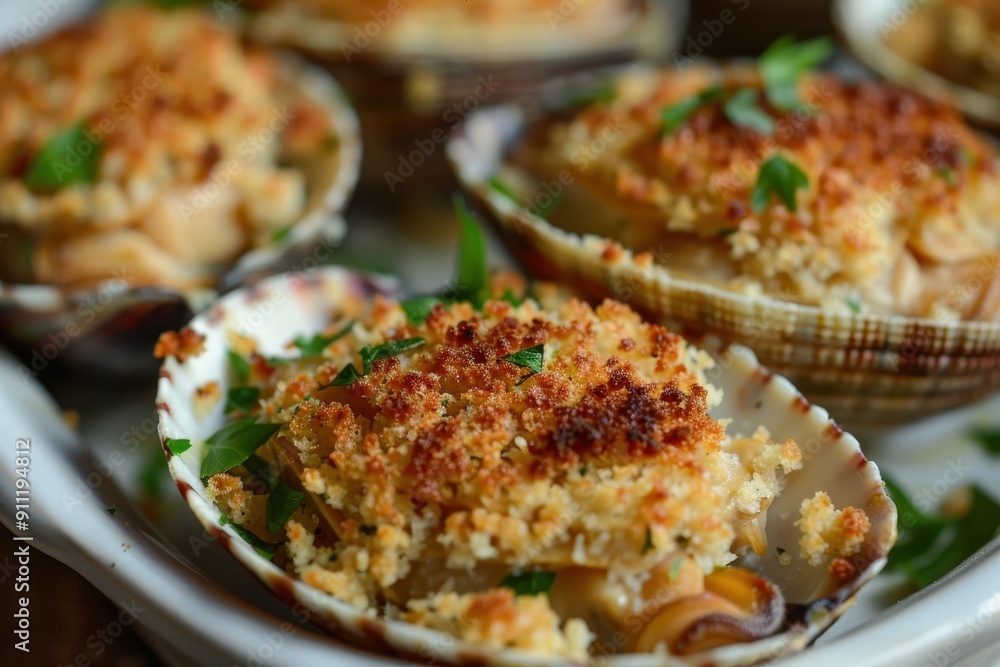 A serving of baked stuffed clams, topped with a crispy breadcrumb mixture and garnished with parsley. A serving of baked stuffed clams, topped with a crispy breadcrumb mixture and garnished with parsley.