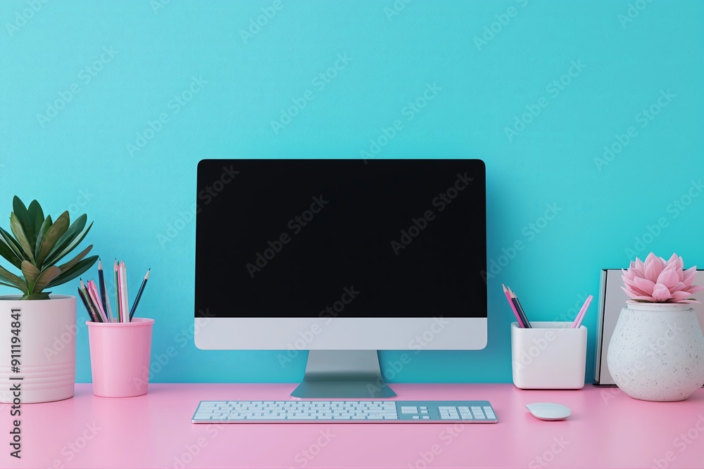 Minimalist workplace with mockup of computer on wall background. Workplace concept. Minimalist workplace with mockup of computer on wall background. Workplace concept.