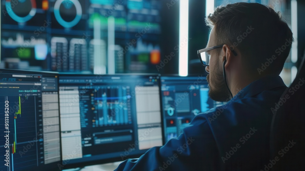 Experienced analyst processing large datasets, hightech screens, deriving critical insights, copy space for text Experienced analyst processing large datasets, hightech screens, deriving critical insights, copy space for text