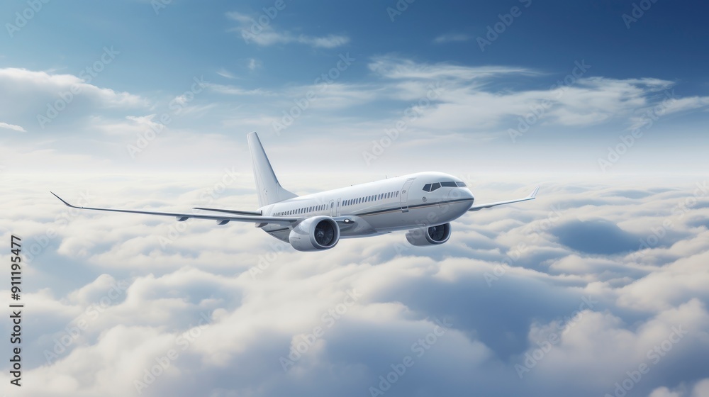 Obraz premium Commercial airplane flying above clouds in the blue sky.