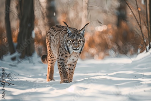 A lone lynx walks through a snowy forest, its gaze fixed on the camera.