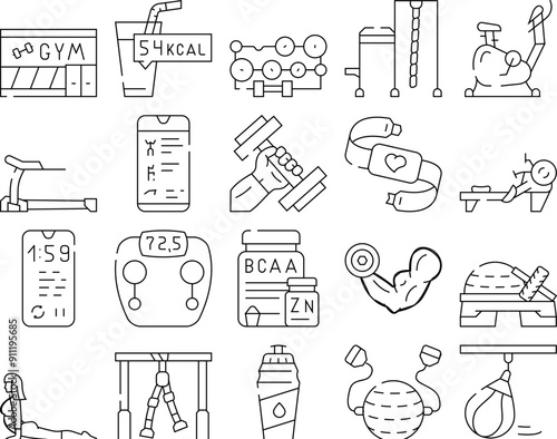 Fitness Gym Sportive Equipment Icons Set Vector. Athlete Fitness Exercise On Rowing Machine And Bike, Nutrition For Muscle And Water Drink Bottle, Scale Phone Application Black Contour Illustrations