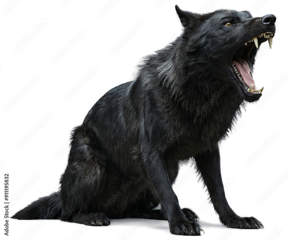 3D rendering black wolf sitting white background facing PNG A black wolf 3D rendering black wolf sitting white background facing PNG A black wolf