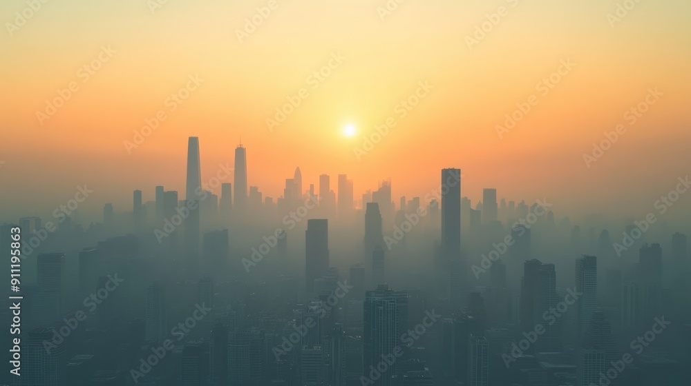Hazy City Skyline at Sunrise with Golden Sky Hazy City Skyline at Sunrise with Golden Sky