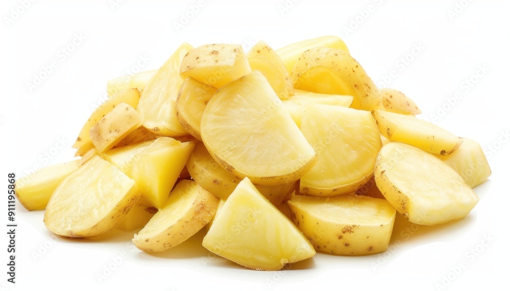 Freshly Cut Potato Wedges Prepared for Cooking on a Clean White Surface Freshly Cut Potato Wedges Prepared for Cooking on a Clean White Surface