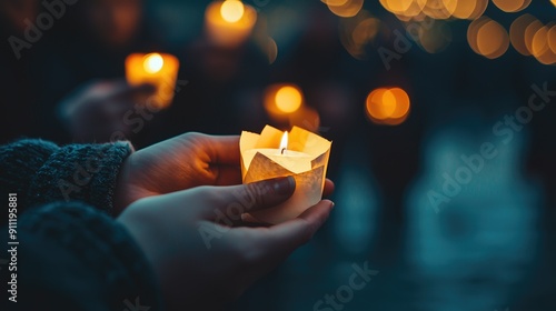 Person holding lit candle in hands during nighttime vigil with soft bokeh lights in background. Concepts of remembrance, peace, unity, and solemn occasions. photo