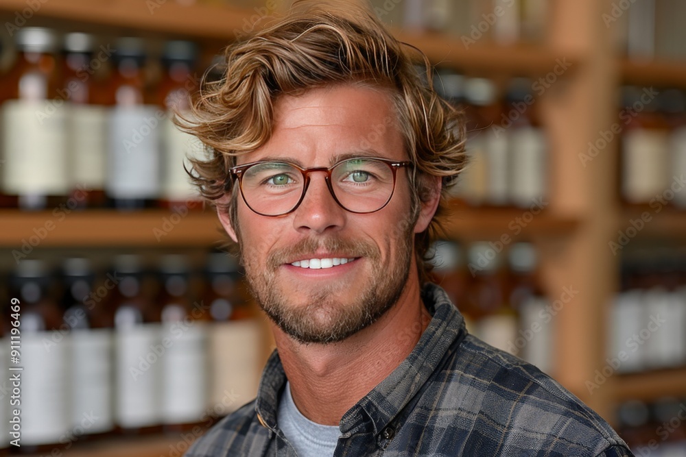 Smiling Man With Wavy Blonde Hair Wearing Glasses in a Store Smiling Man With Wavy Blonde Hair Wearing Glasses in a Store