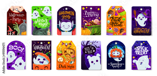 Halloween holiday gift tags. October horror holiday, fall season sale festive tags or Happy Halloween celebration vector labels or stickers with ghosts kawaii characters, candies treats and pumpkins