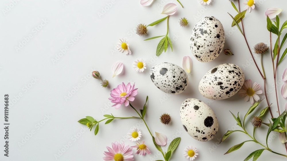 Easter Card with Eggs and Flowers on White Background Easter Card with Eggs and Flowers on White Background