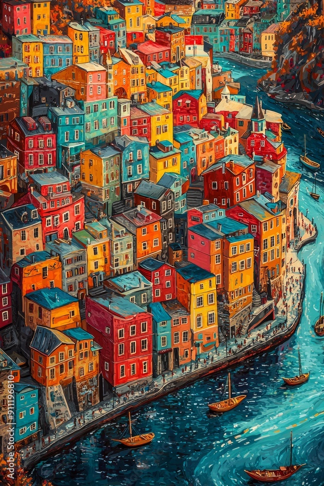 Obraz premium An aerial view of a vibrant cityscape with buildings painted in a rainbow of colors, nestled along a winding river that sparkles under the midday sun.