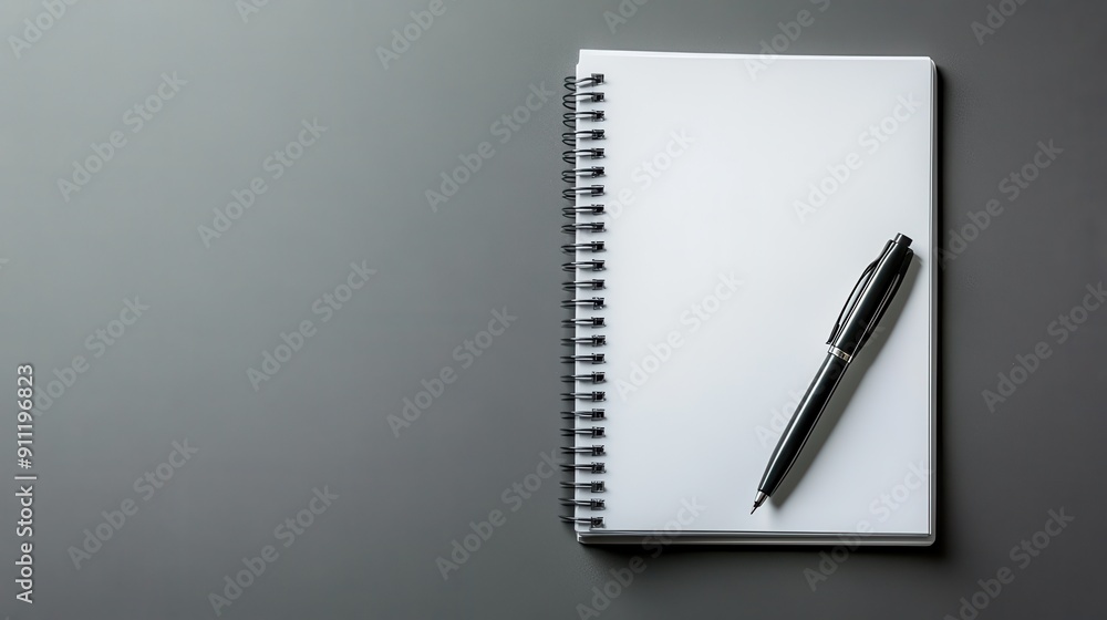 Blank Notebook and Pen on Gray Background, used for mockups and designs. Blank Notebook and Pen on Gray Background, used for mockups and designs.