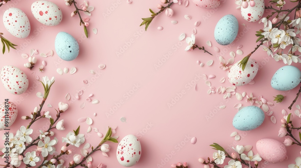 Easter egg frame with decorative eggs on pink backdrop Easter egg frame with decorative eggs on pink backdrop