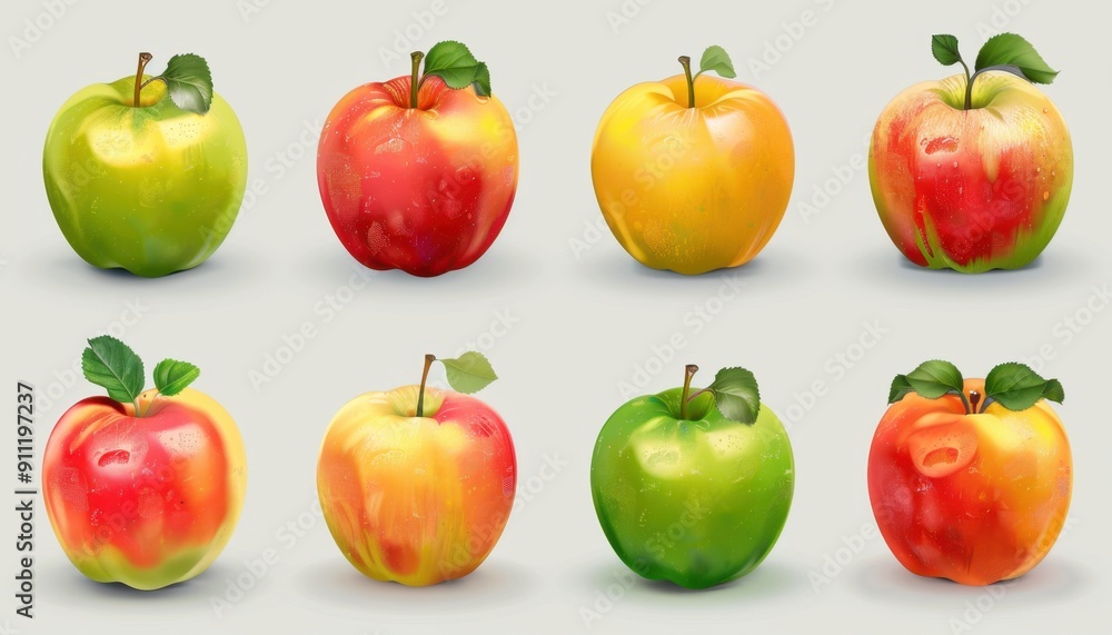 Collection of Colorful Fresh Apples Displayed on Grey Background in Natural Light Collection of Colorful Fresh Apples Displayed on Grey Background in Natural Light